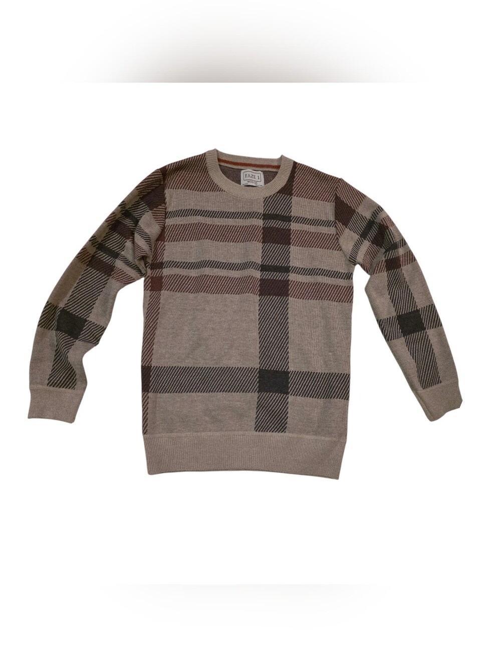 Taupe Plaid Crewneck Sweater - Boys 10-12